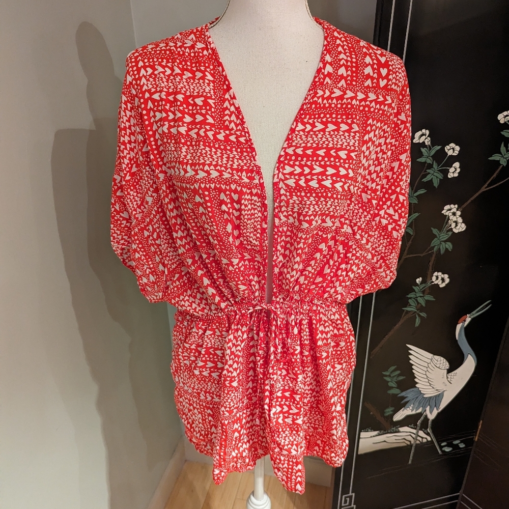 Victoria's Secret M/L One Size Red White Heart Cover Up Kimono Tie Waist 125